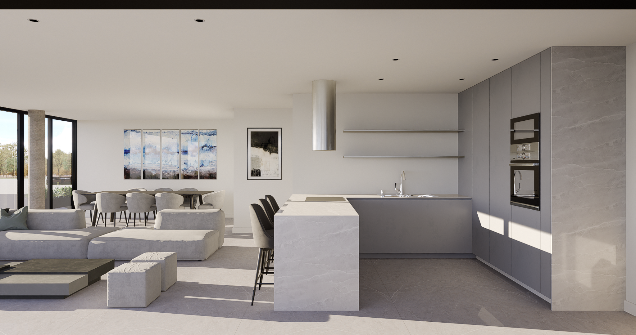 Interior de un apartamento mostrando sala, comedor y cocina con acabados en tonos claros