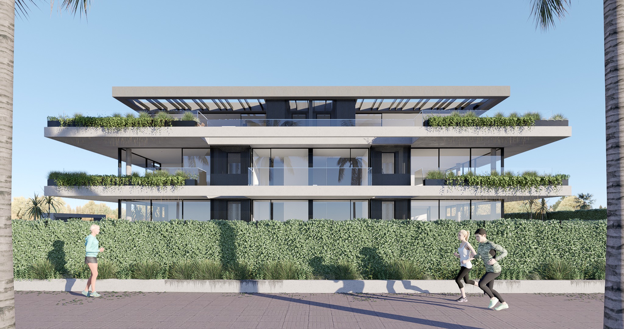 Vista frontal más cercana mostrando las terrazas con vegetación y detalles arquitectónicos