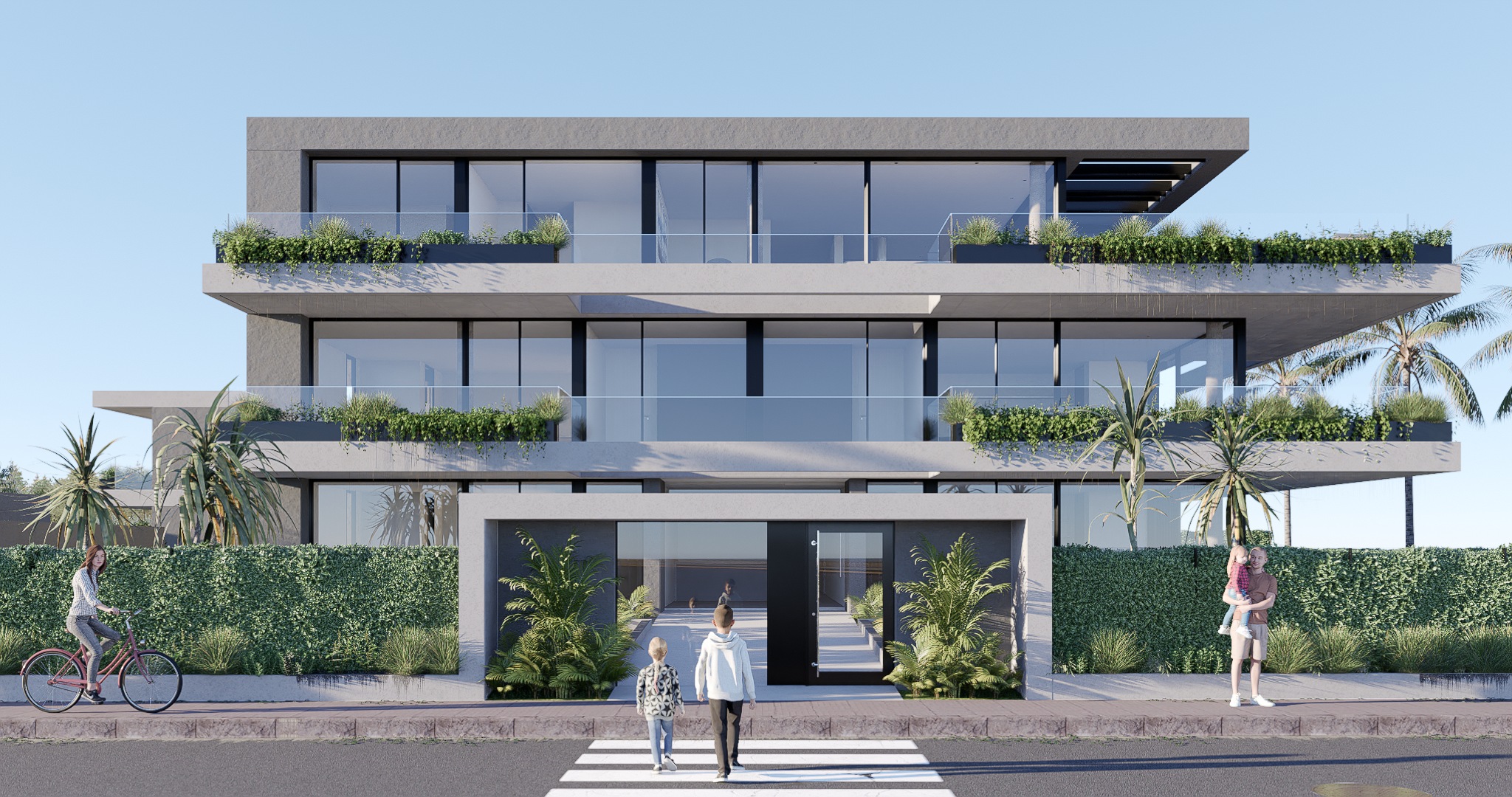 Vista frontal desde otro ángulo con personas cruzando la calle en primer plano