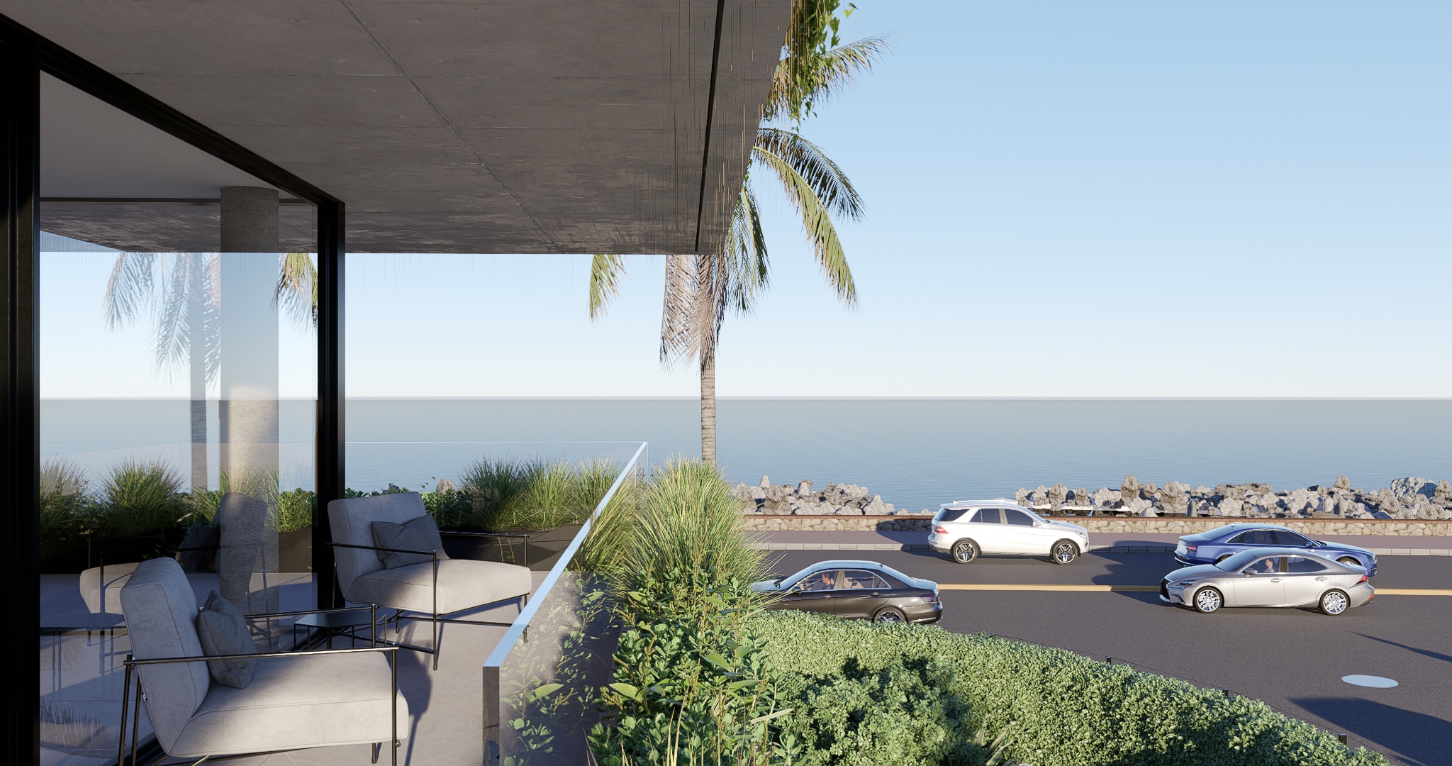 Vista desde una terraza hacia el mar mostrando la relación directa con el paisaje costero