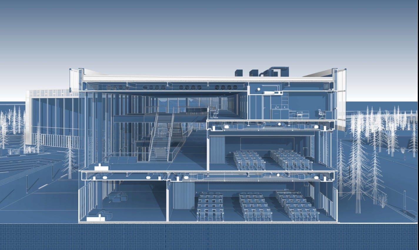 Corte técnico del edificio mostrando la distribución interior y los diferentes niveles