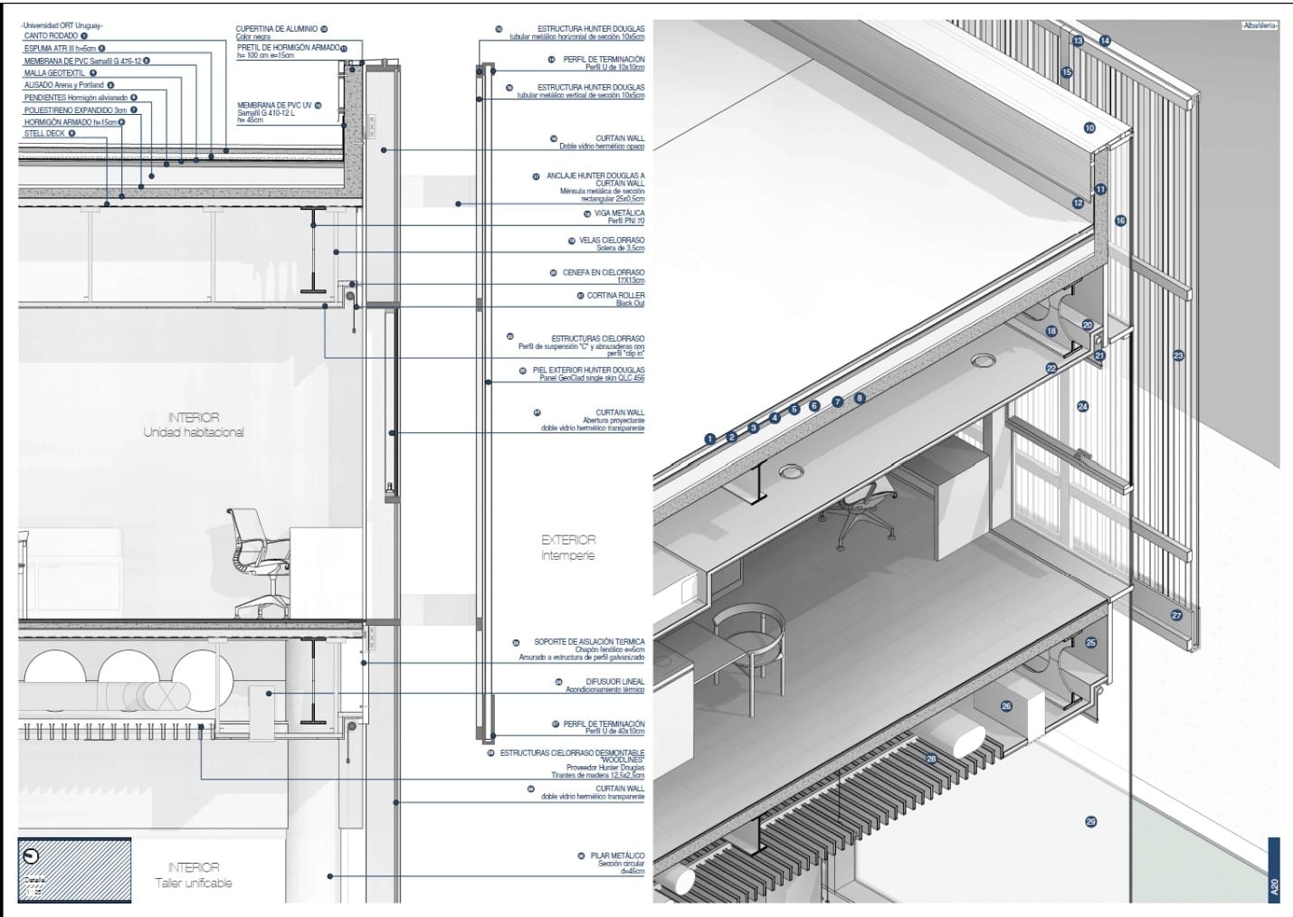 Detalle constructivo de fachada mostrando componentes estructurales y especificaciones técnicas