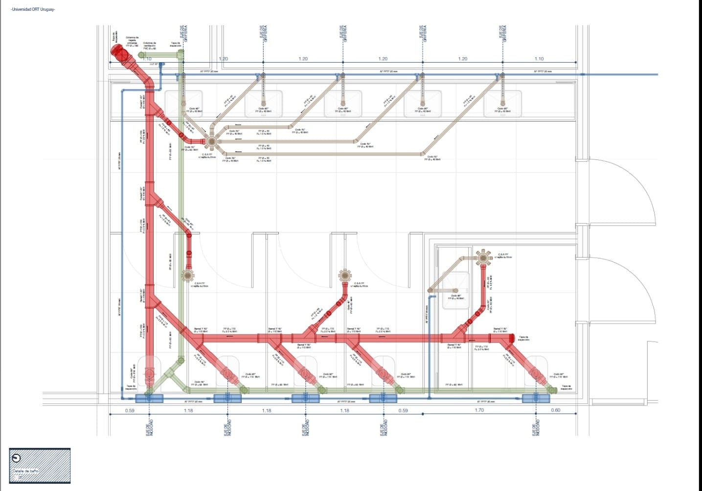 Plano de instalaciones sanitarias con trazado de tuberías de agua y desagüe