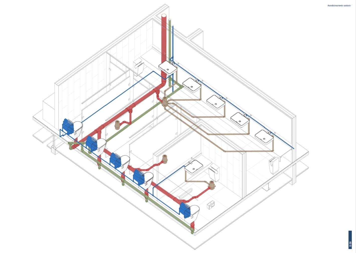 Axonométrica de instalaciones sanitarias mostrando el sistema completo de tuberías