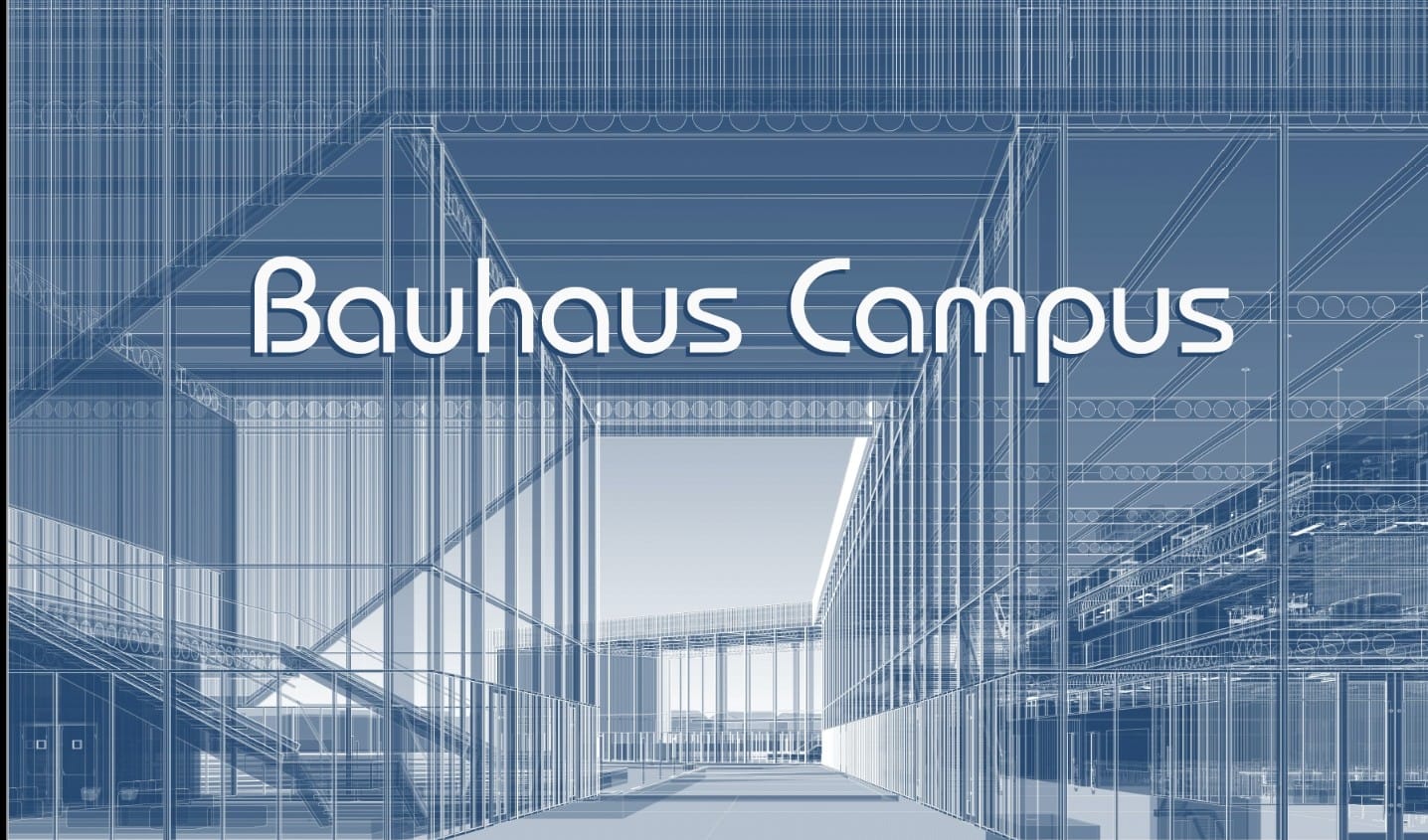 Vista interior conceptual del campus con el título 'Bauhaus Campus' superpuesto