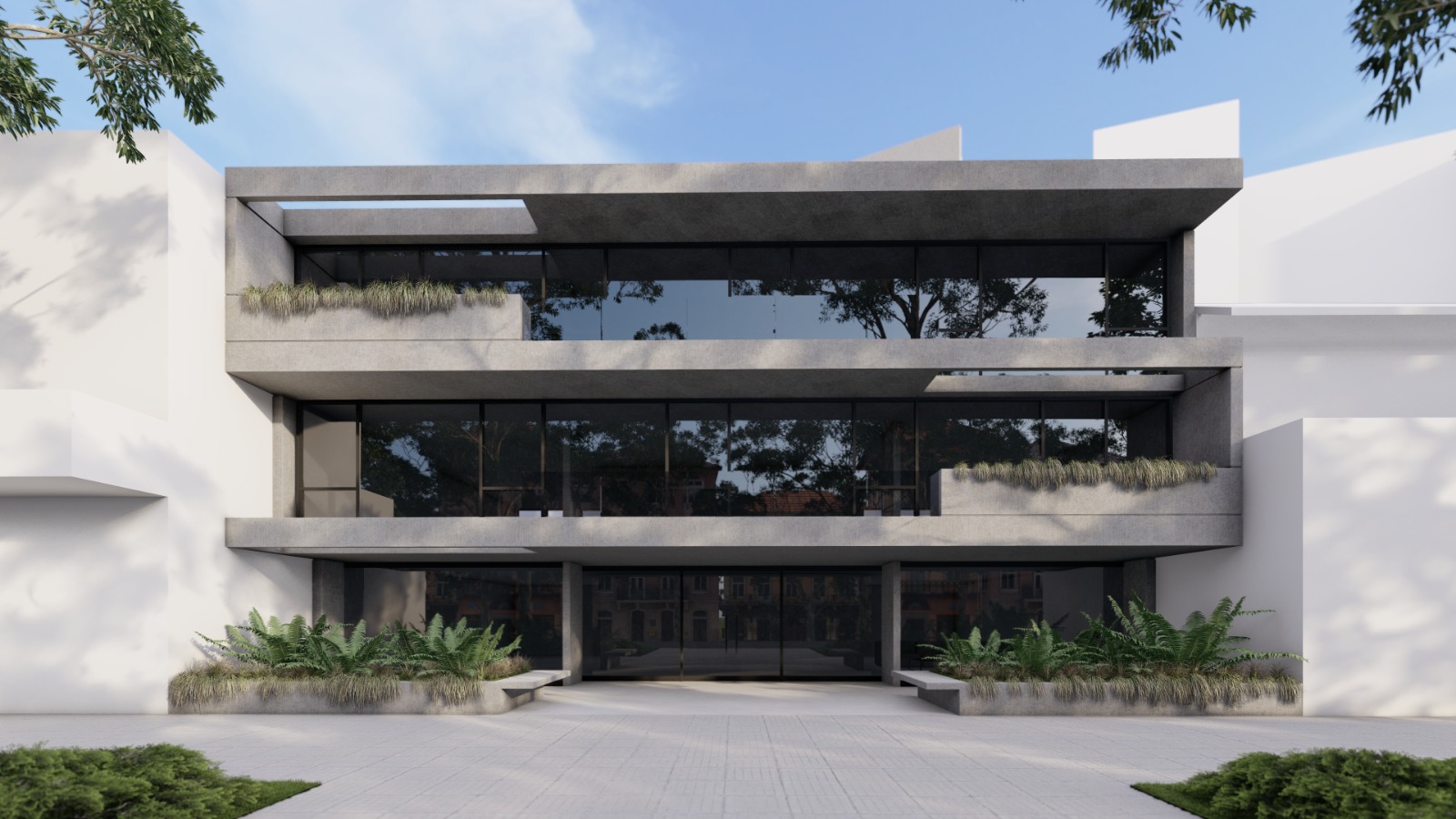 Vista frontal del edificio mostrando la fachada con niveles alternados y jardineras integradas