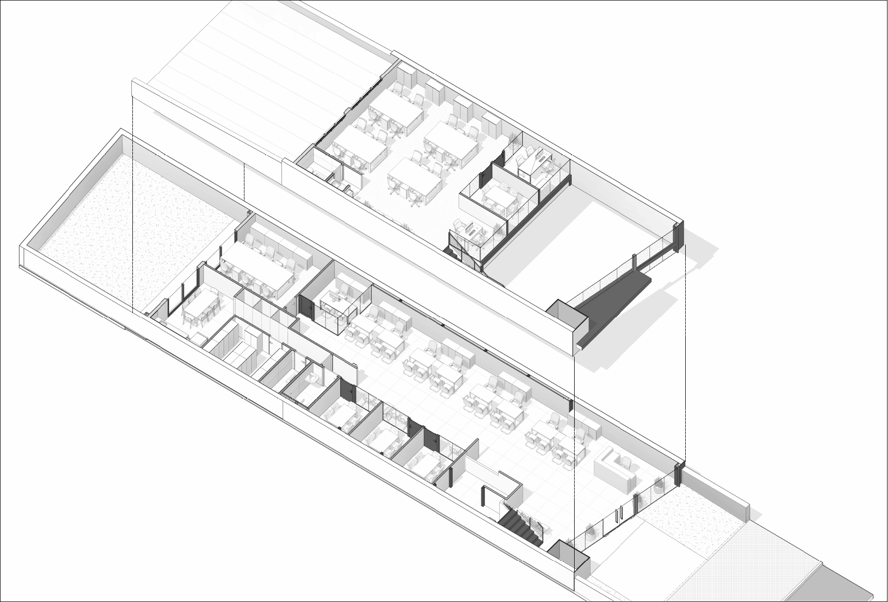 Axonométrica 3D mostrando la distribución interior completa del local comercial con oficinas y salas de reuniones