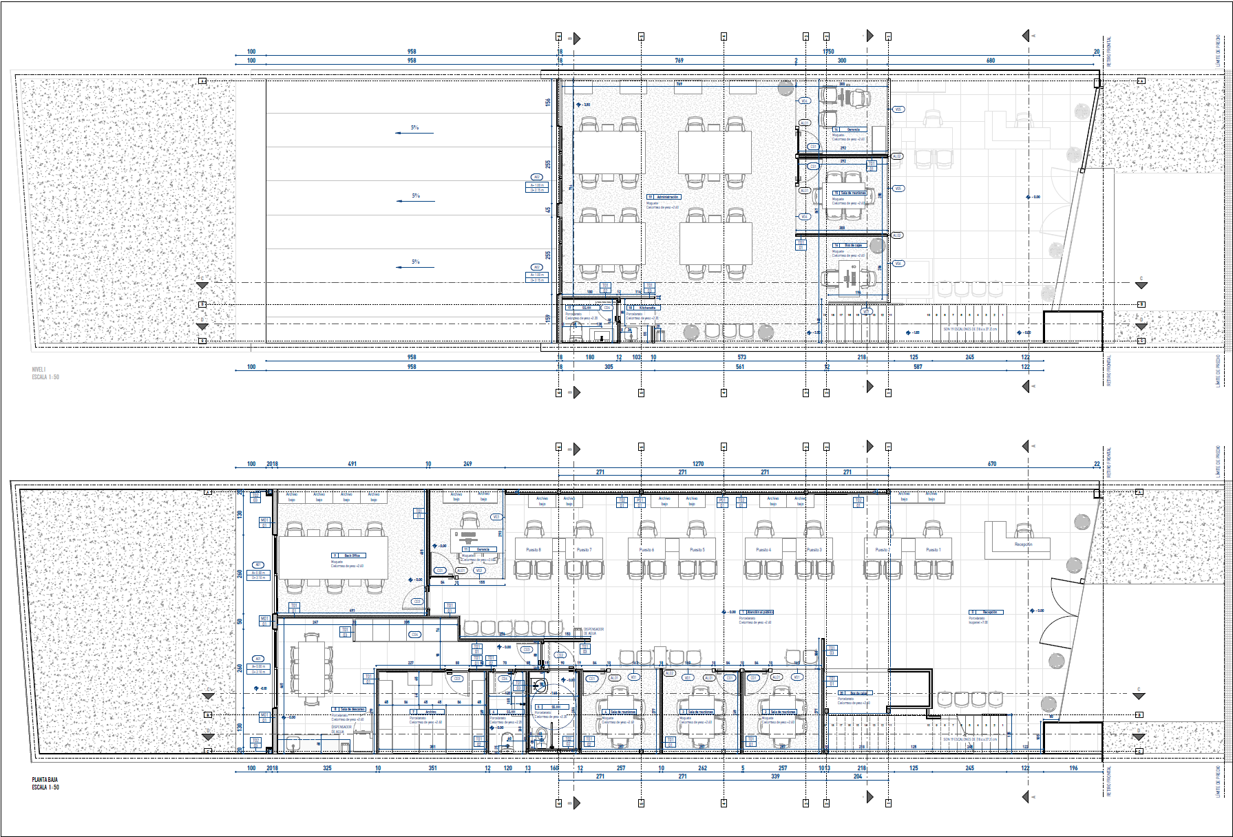 Plantas arquitectónicas técnicas de ambos niveles con dimensiones y distribución de espacios