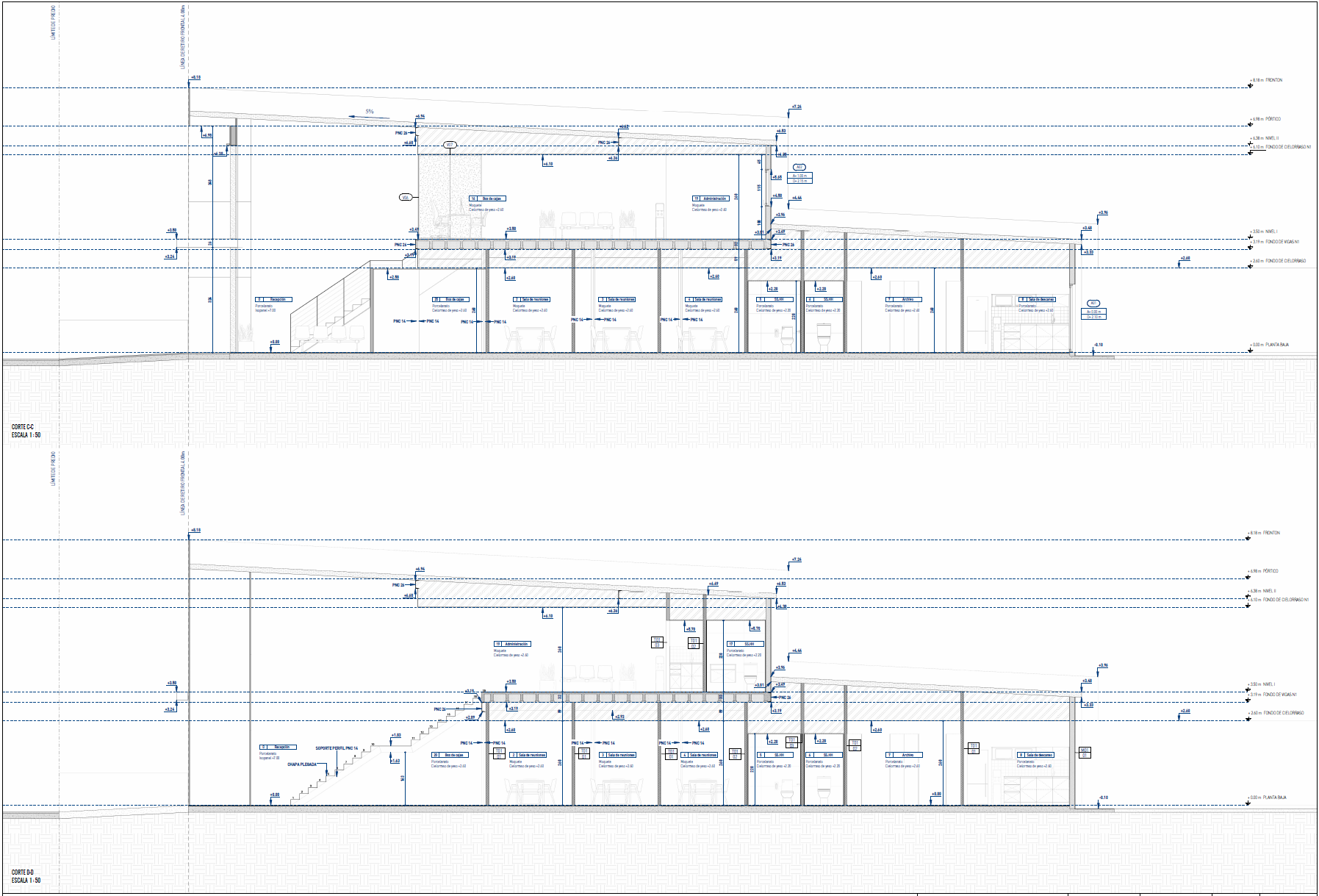 Cortes arquitectónicos técnicos mostrando las secciones del edificio con alturas y detalles constructivos