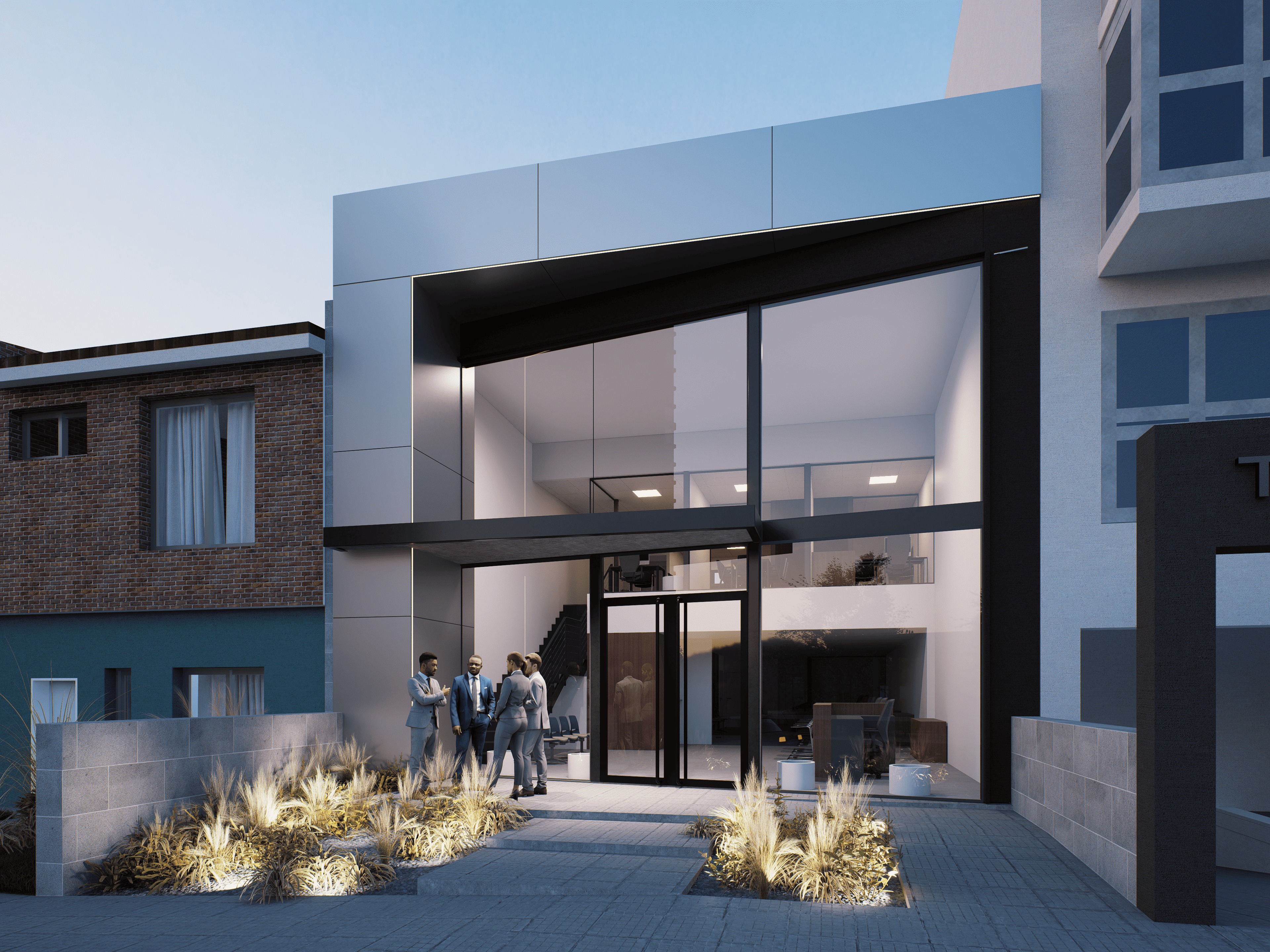 Vista diurna del local comercial mostrando la fachada de paneles de aluminio compuesto con grandes ventanales y grupo de personas en la entrada