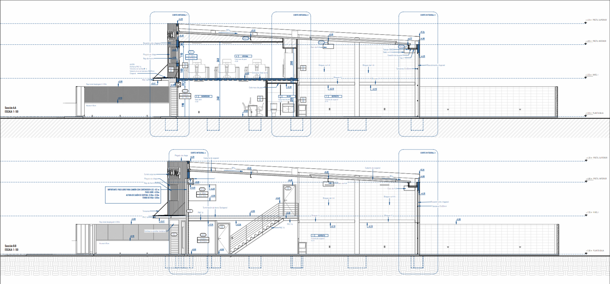Cortes longitudinales del edificio mostrando la estructura interior