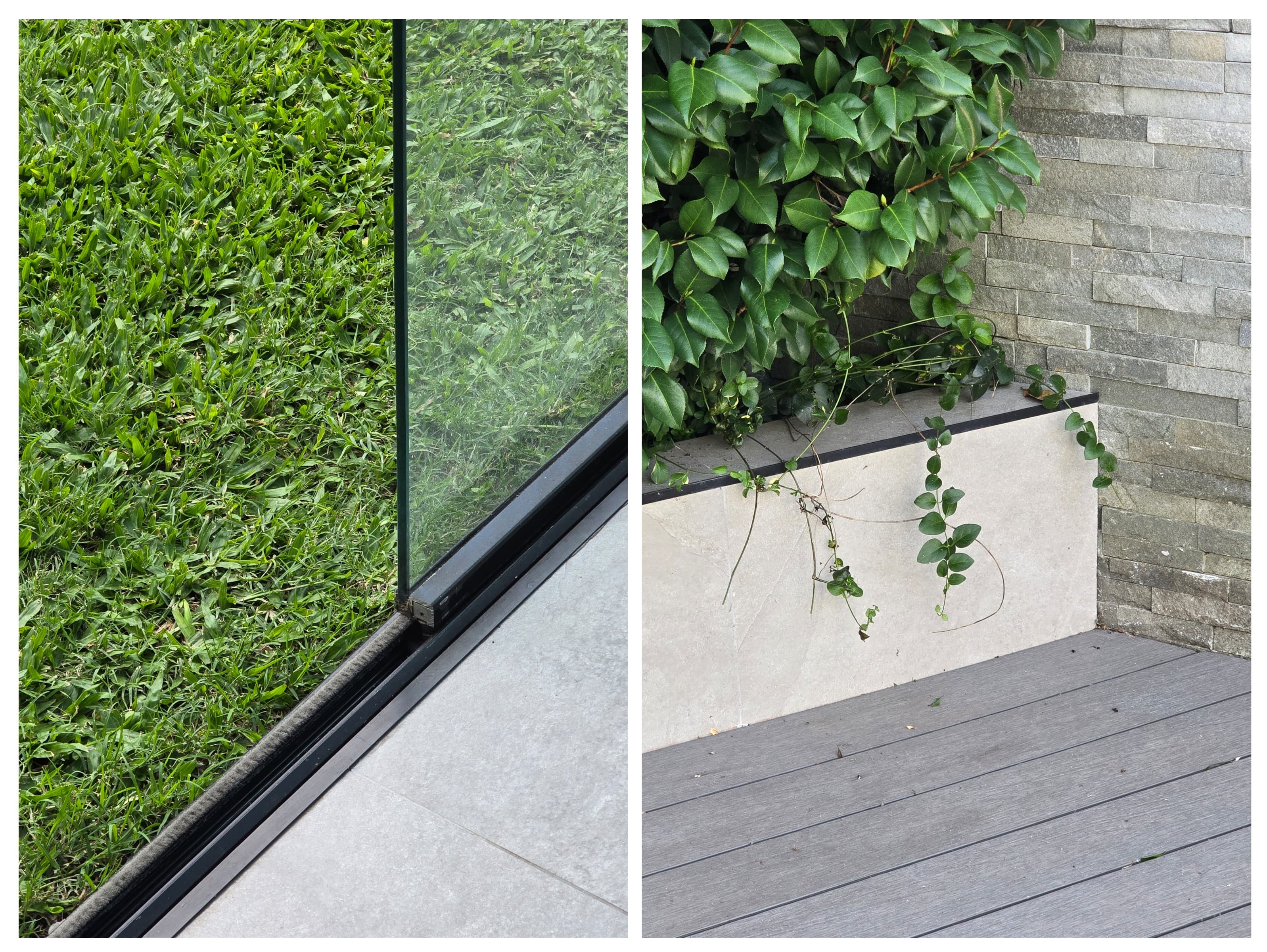 Área exterior con deck de madera, jardineras con plantas trepadoras y vista a través de ventanas corredizas