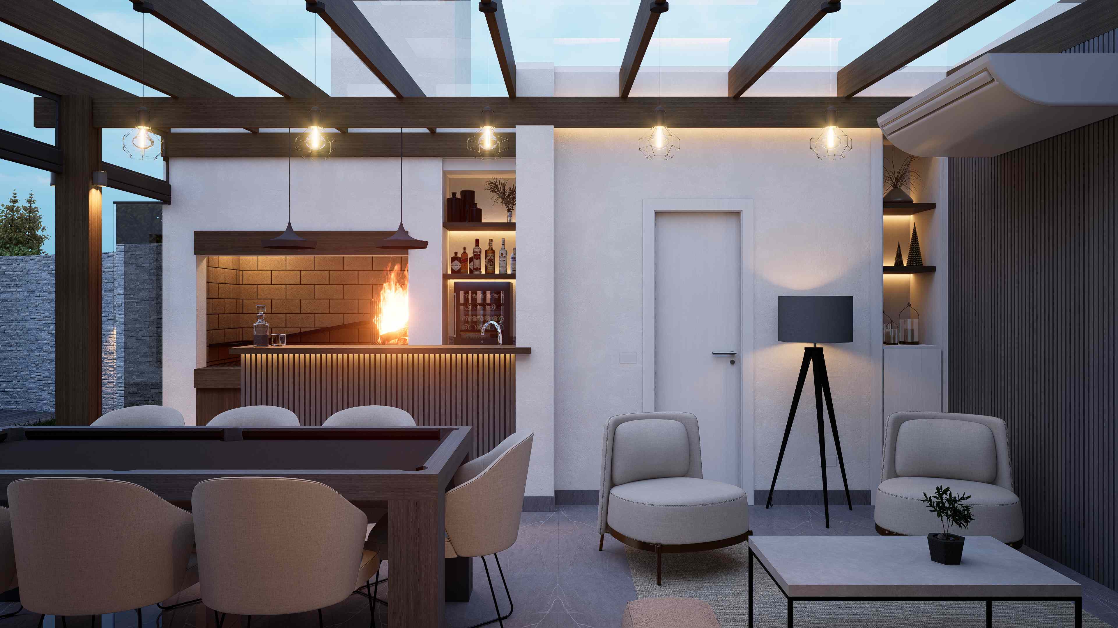 Área de parrillero con pérgola de madera, barra y espacio de estar