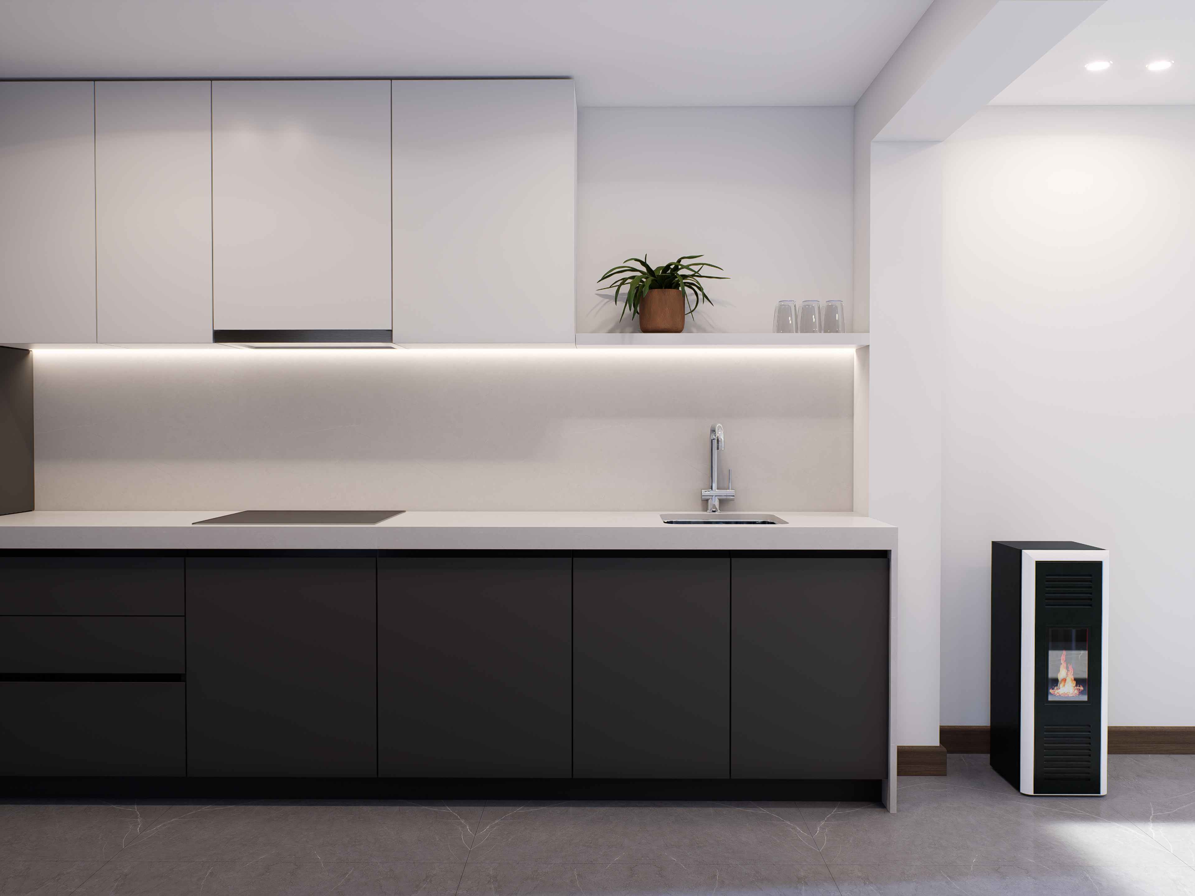 Vista frontal de la cocina mostrando los gabinetes superiores blancos e inferiores negros con iluminación LED