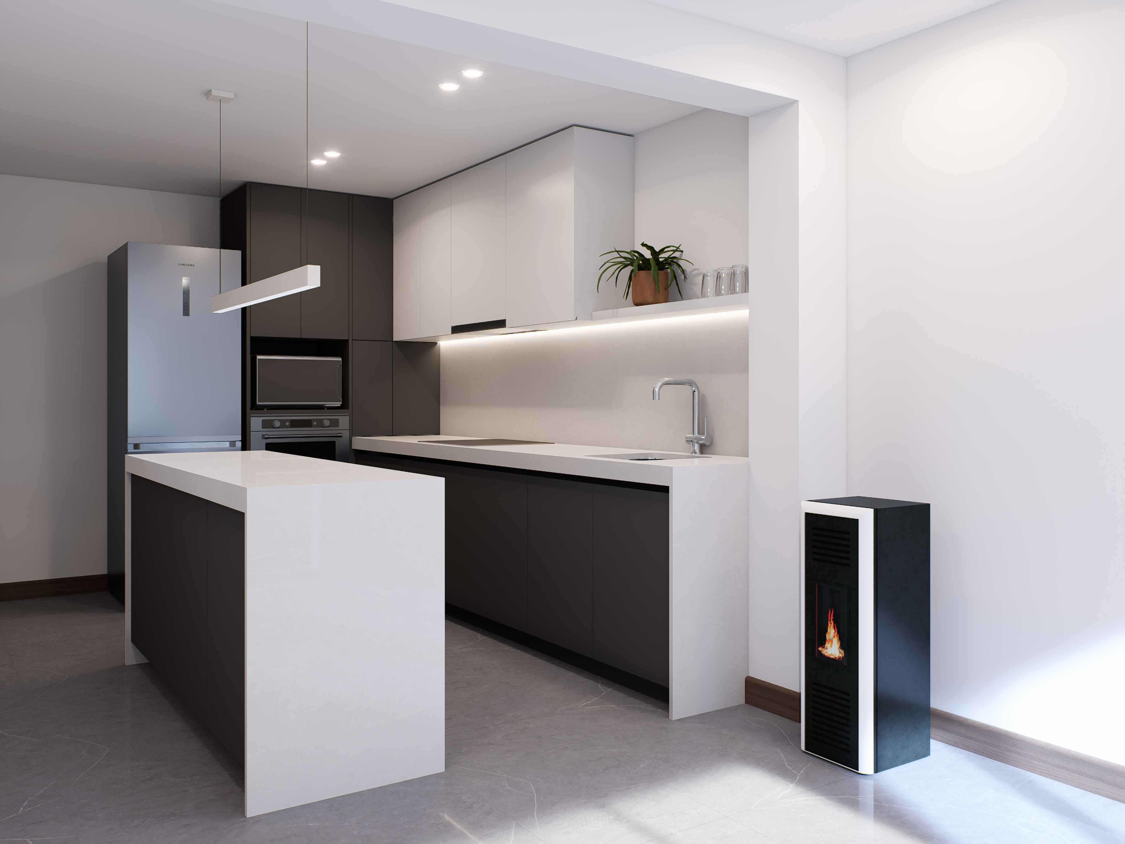 Vista de la cocina con isla central y electrodomésticos integrados