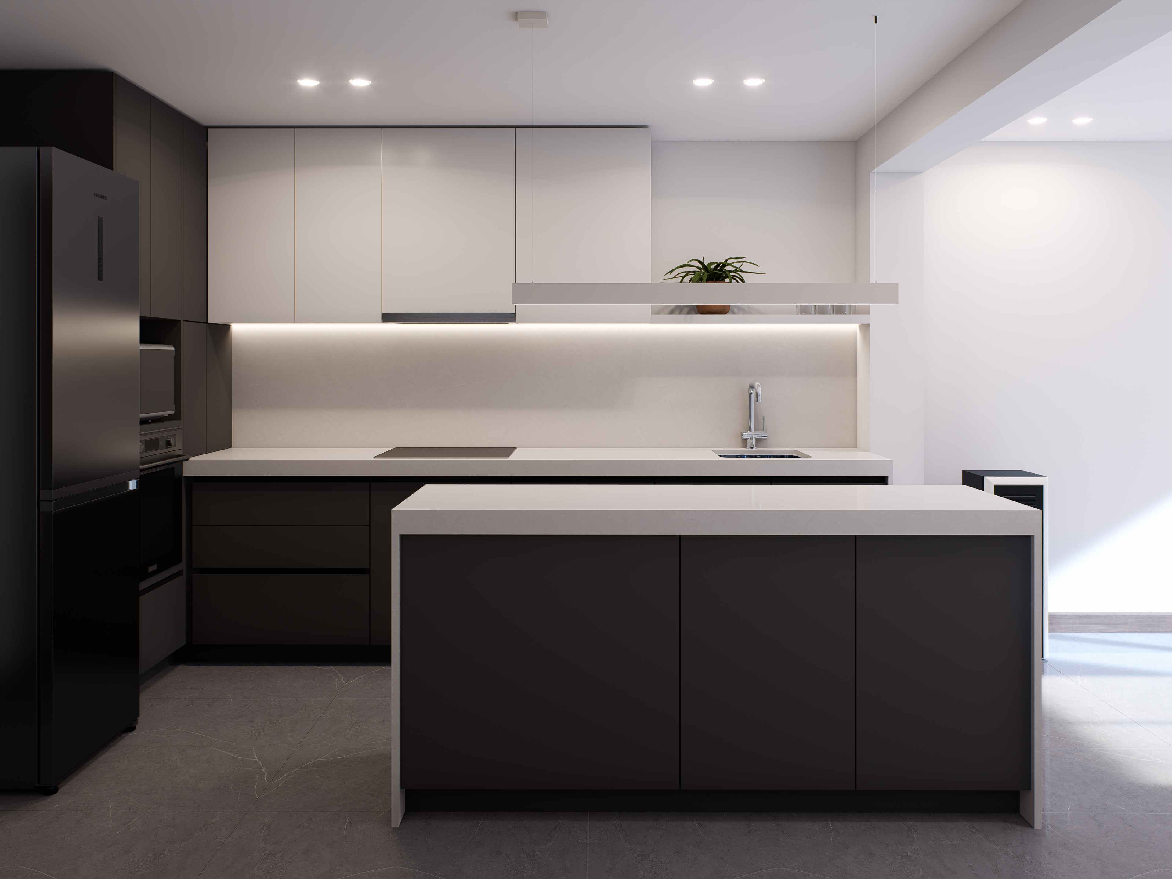 Vista lateral de la cocina mostrando la distribución de los gabinetes y la isla