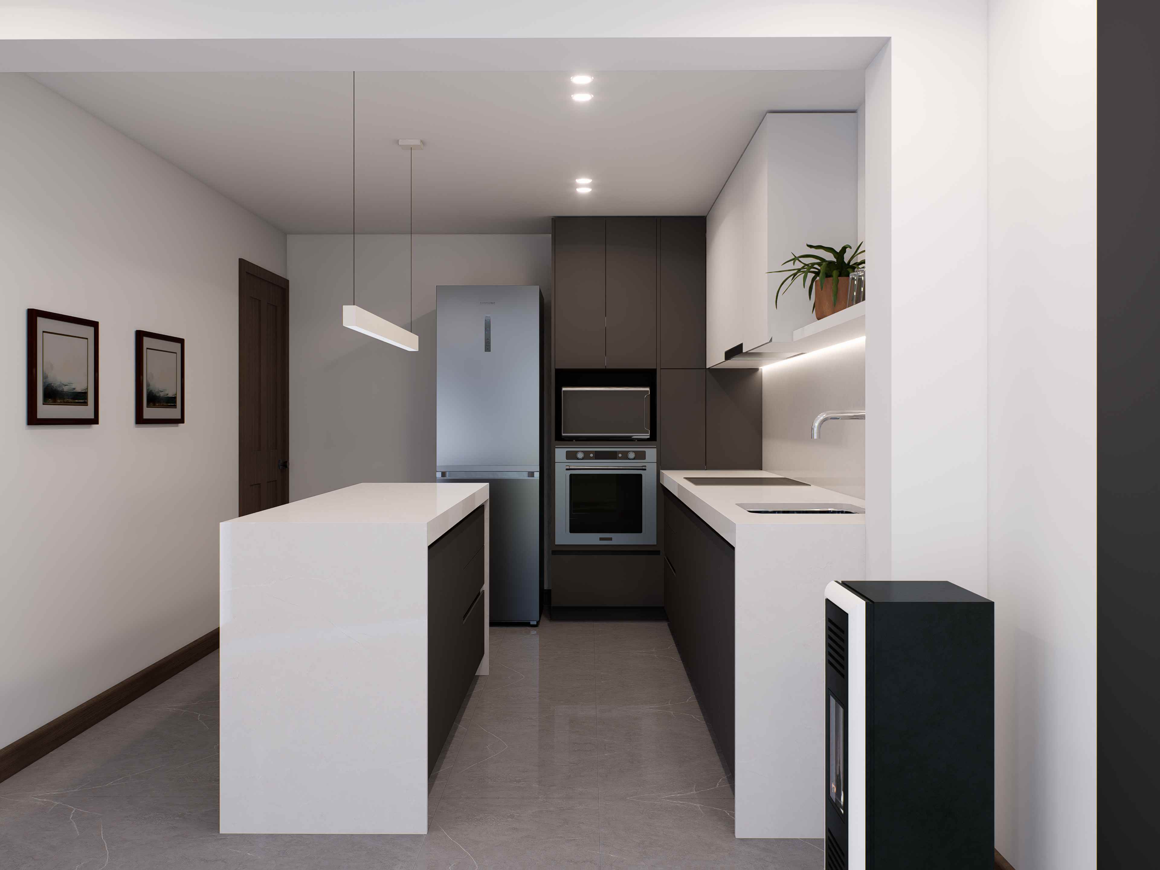 Vista desde el comedor hacia la cocina con la isla central y lámpara colgante