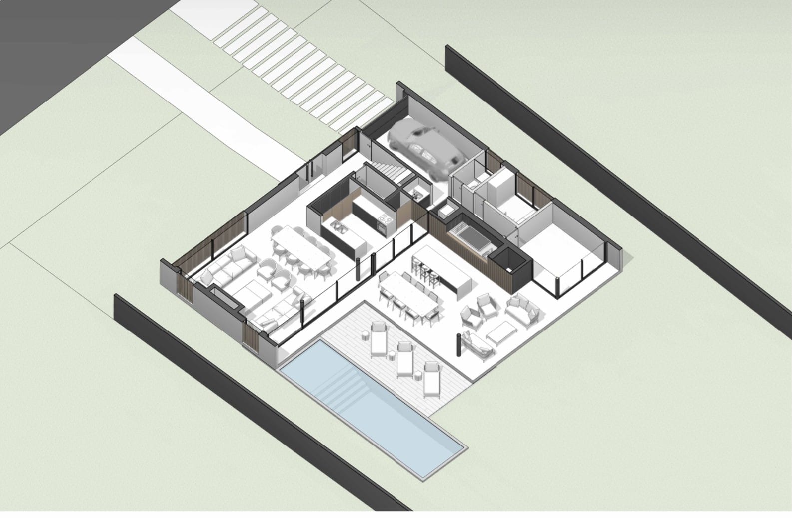 Axonométrica de planta baja mostrando la distribución de espacios sociales y piscina