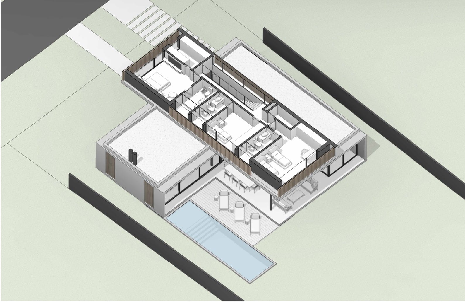 Axonométrica completa mostrando ambas plantas y la relación entre espacios