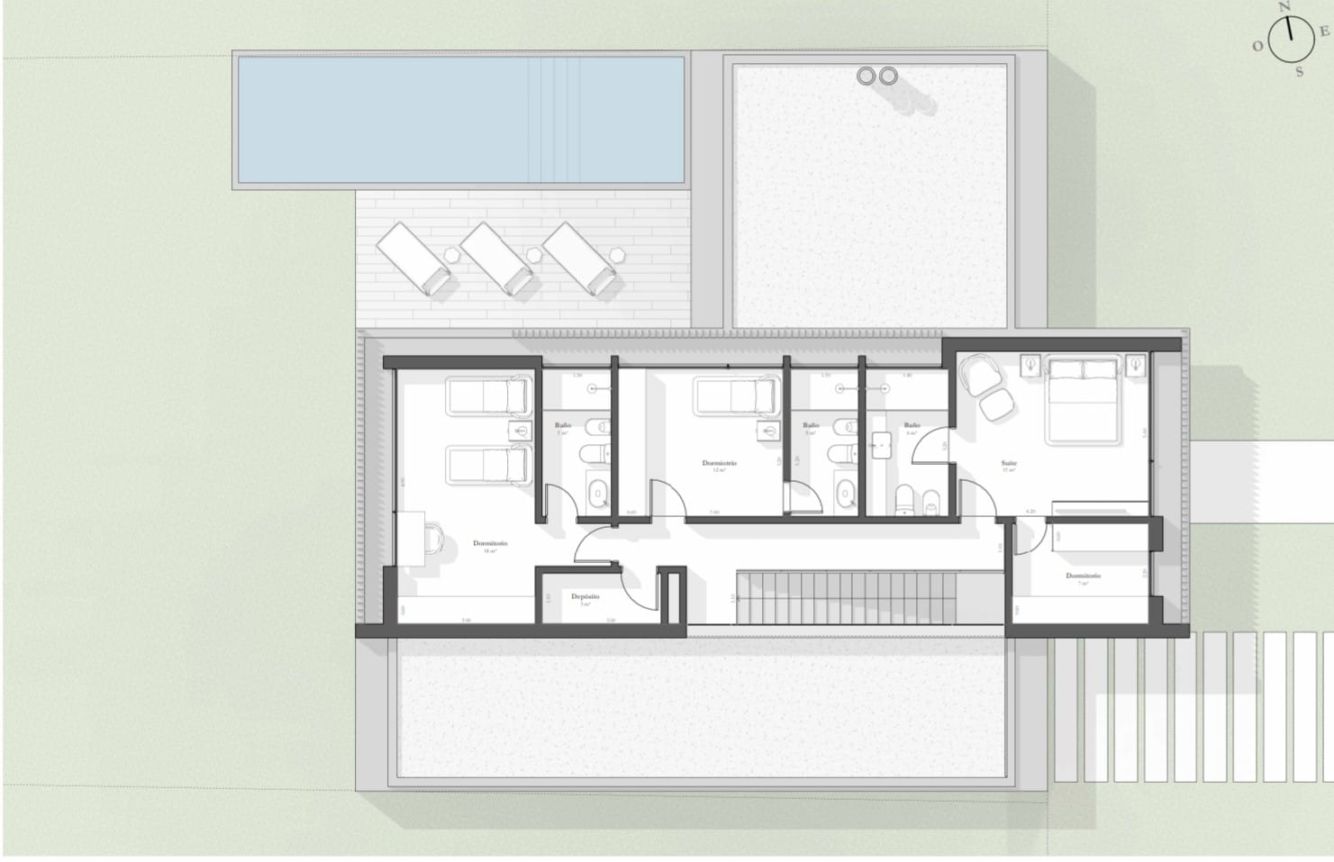Planta alta con distribución de los tres dormitorios en suite