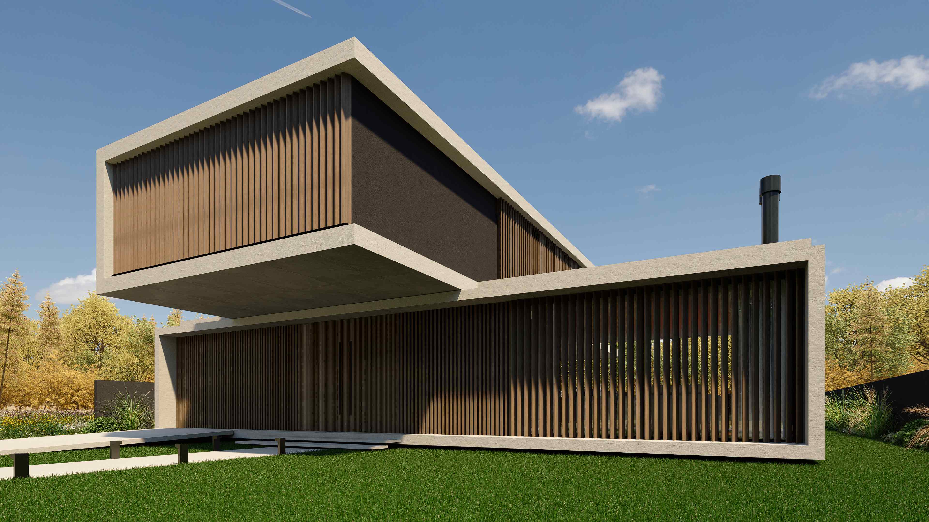 Vista en esquina de día mostrando la volumetría con listones de madera y hormigón