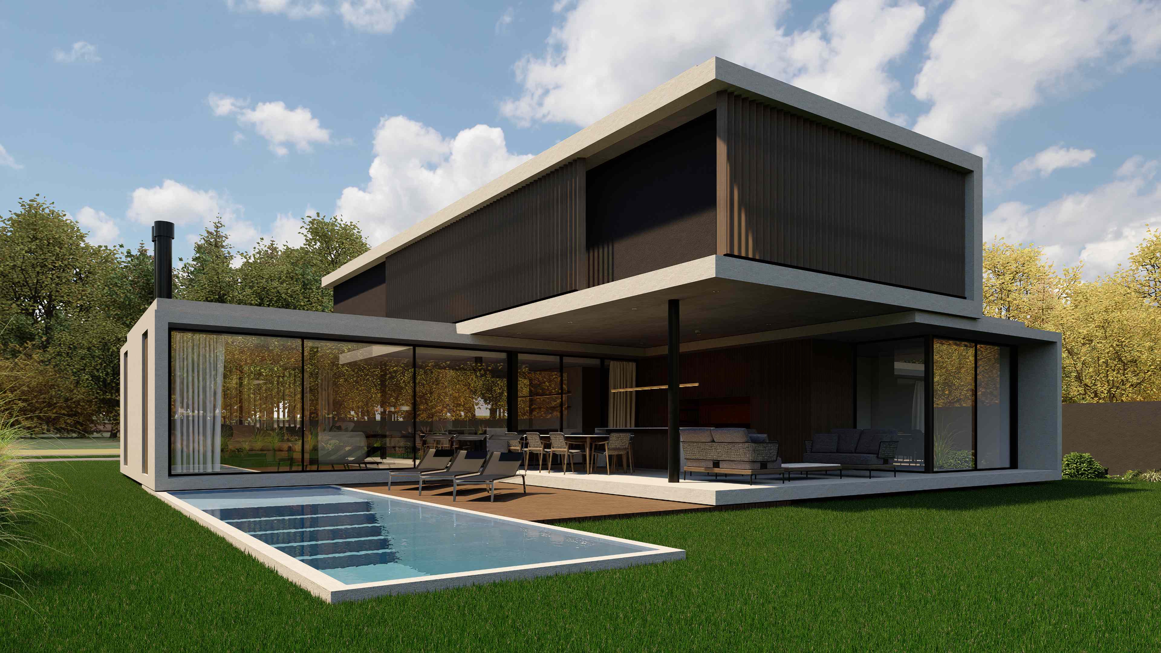 Vista desde la piscina hacia la casa mostrando los grandes ventanales y espacios integrados