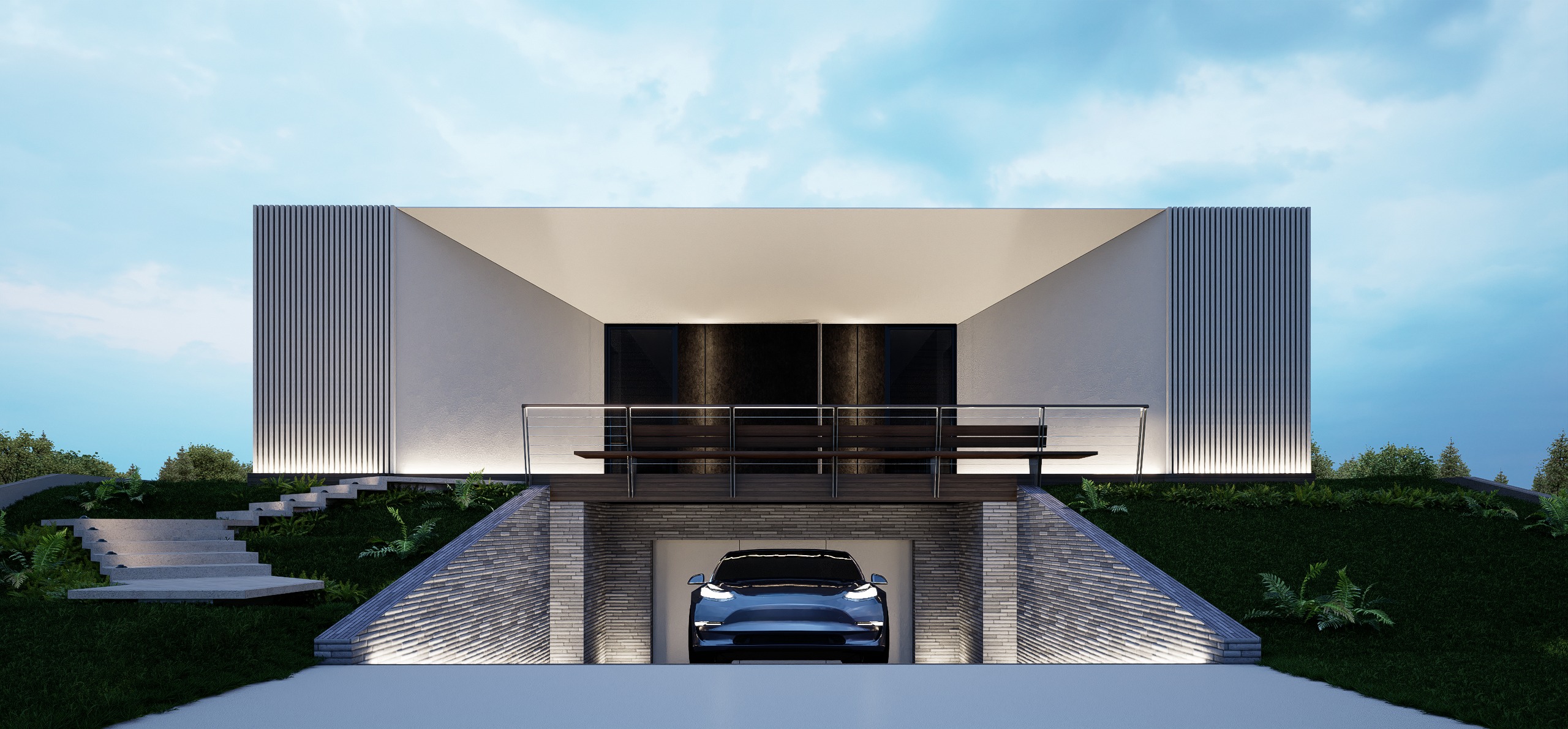 Vista frontal de la vivienda mostrando la escalera de acceso y el parking subterráneo con auto