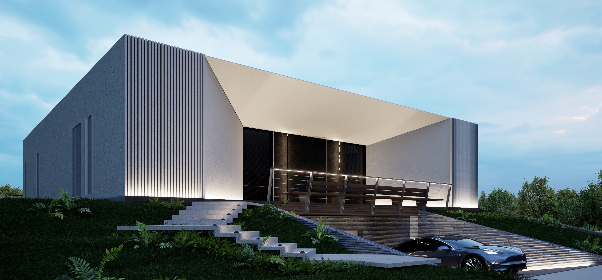 Vista lateral mostrando la escalera exterior y la volumetría náutica característica