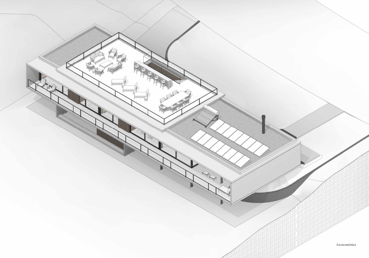 Axonométrica mostrando la distribución de espacios y terraza superior