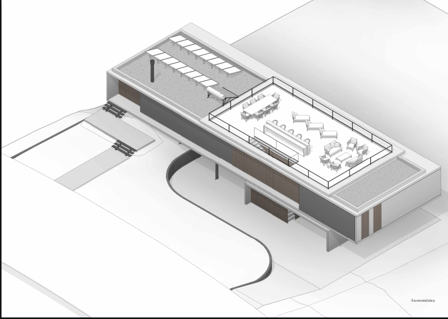 Axonométrica desde otro ángulo mostrando la relación con el terreno y distribución