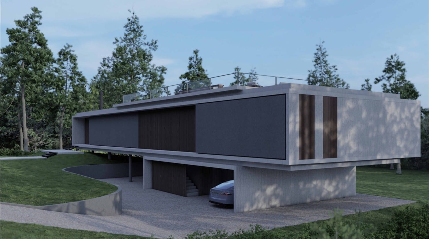 Vista posterior de la vivienda mostrando la estructura elevada y el estacionamiento cubierto