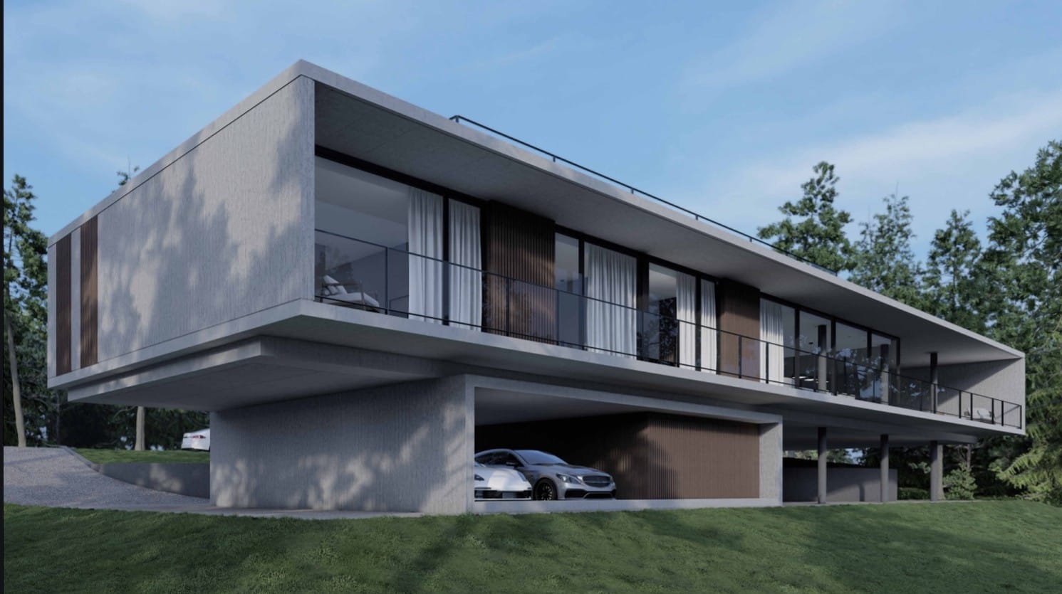 Vista en ángulo mostrando el voladizo y la estructura de hormigón con detalles en madera