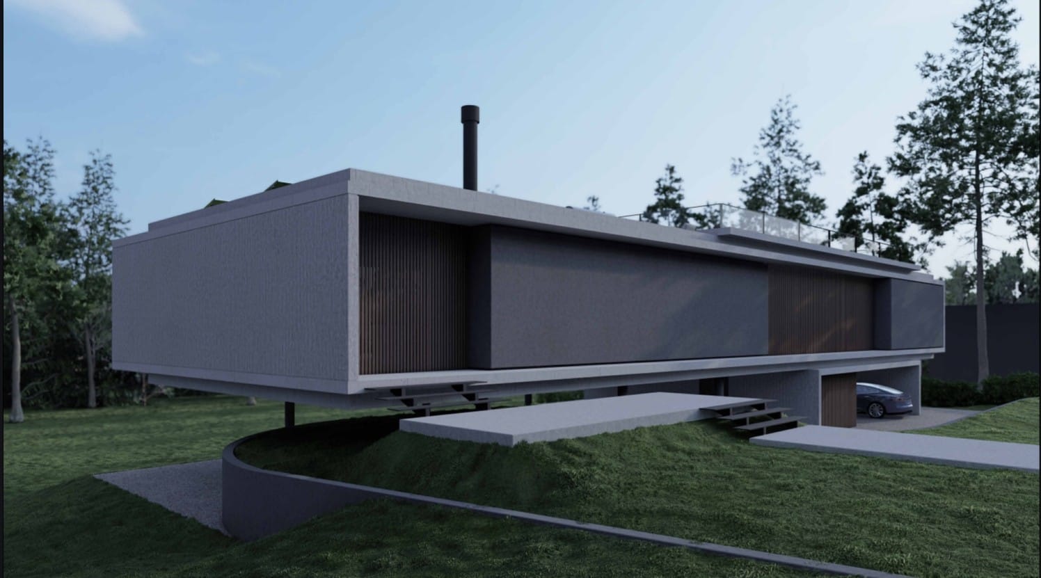 Vista lateral mostrando la chimenea en la terraza y la integración con el terreno